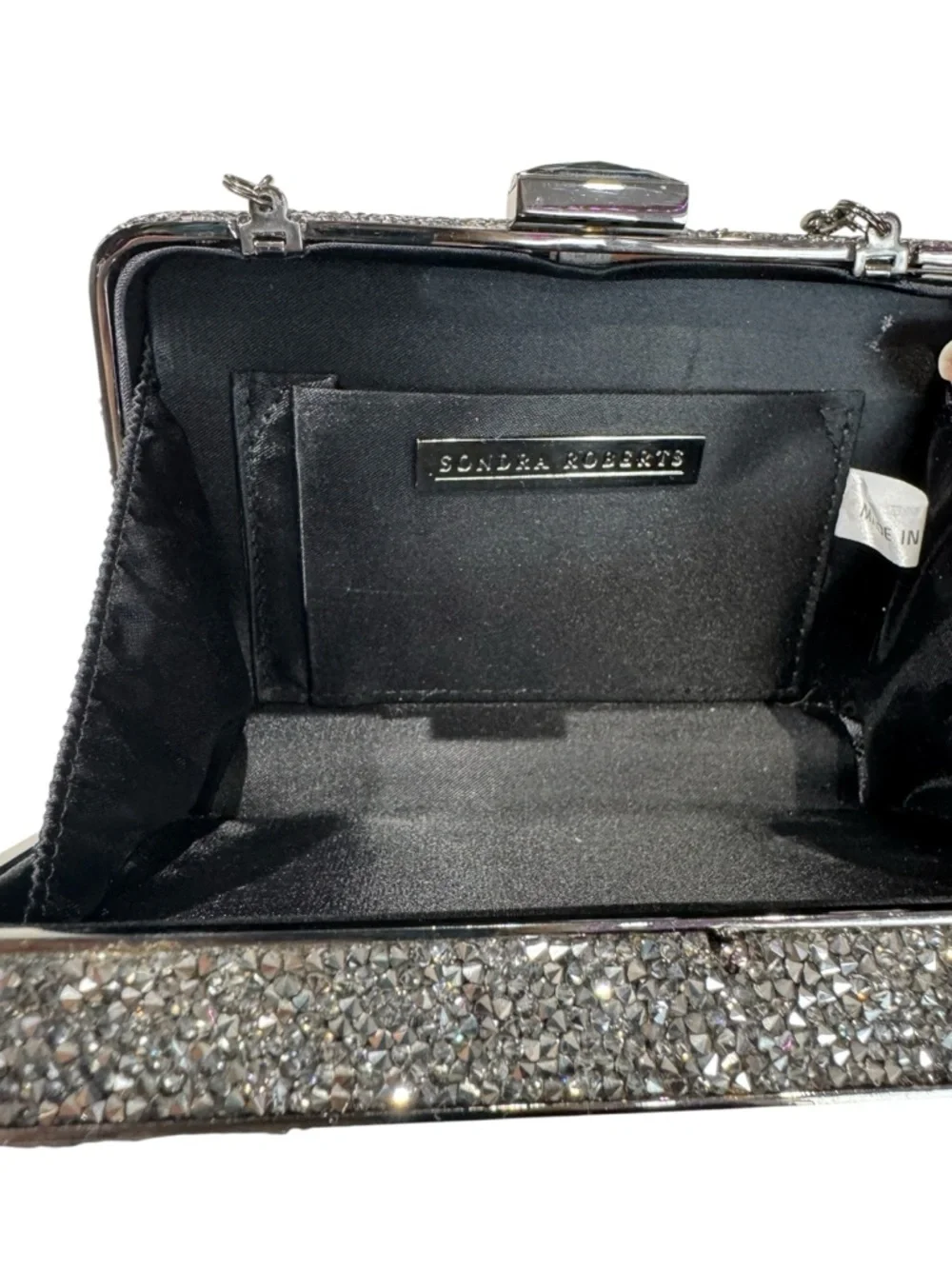 Sondra Roberts Black Glitter Rhinestone Top Lock Chain-Handle Evening Clutch